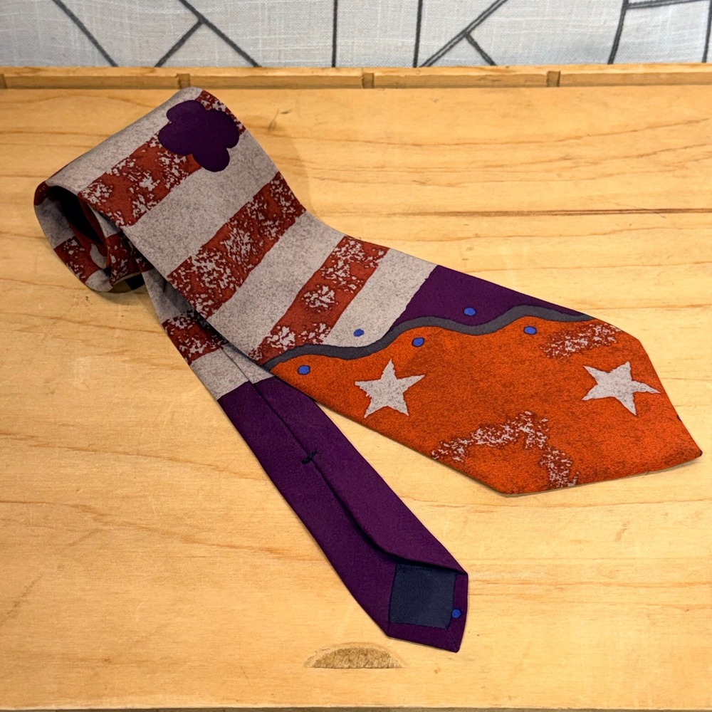 Nino‎ Cerruti Mens Silk Crepe Tie Orange Purple Abstract Stars Stripes USA Made